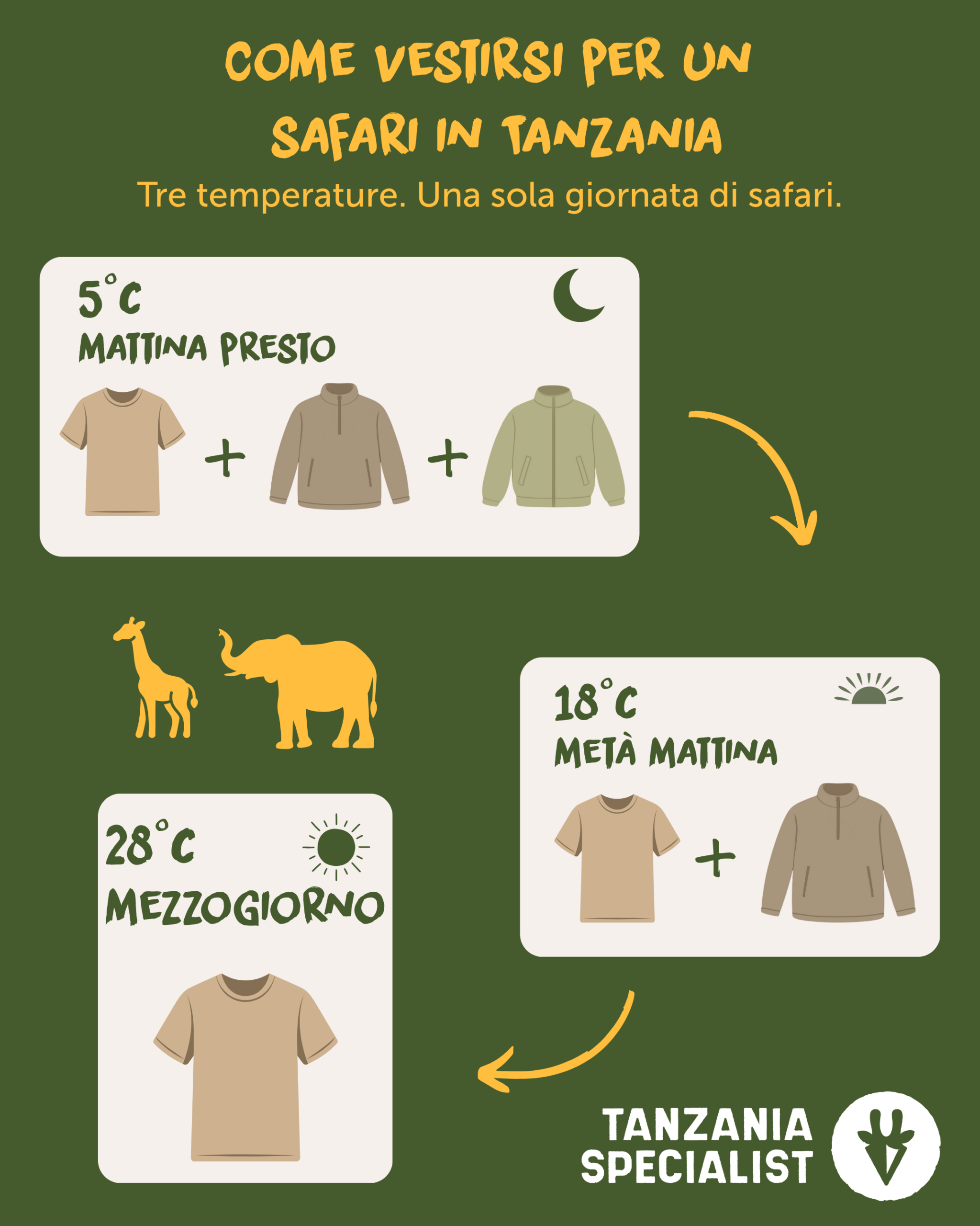 Cosa indossare durante un safari in Tanzania: vestiti a strati per temperature che vanno da 5 °C al mattino presto a 18 °C a metà mattina e 28 °C a metà giornata.